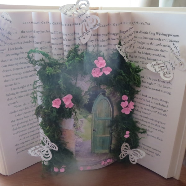 Altered Book Recycled Book Secret Garden Door Hand Sculpted Roses Display Book Art Gift Giving Home Office Decor Unique One of a Kind Art