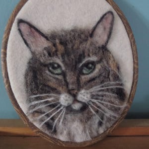 May include: A close-up of a needle felted portrait of a tabby cat. The cat has green eyes and a white patch on its chest. The portrait is framed in a wooden hoop.