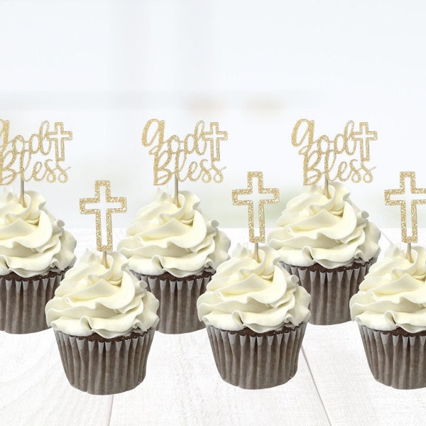 Baptism Cupcake Toppers/ God bless topper/ Baptism food picks / Christening Cupcake Toppers/ Cross Topper / Religious Decor/ Baptism Decor