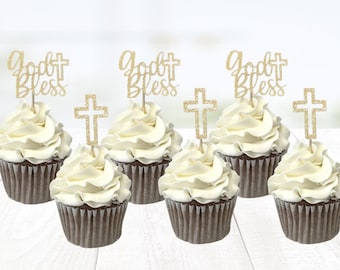 Baptism Cupcake Toppers/ God bless topper/ Baptism food picks / Christening Cupcake Toppers/ Cross Topper / Religious Decor/ Baptism Decor