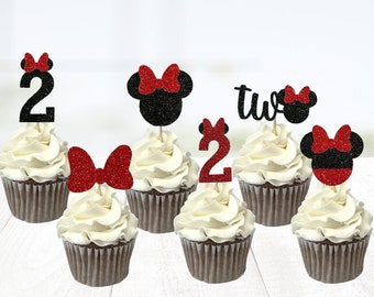 Rojo Minnie Mouse Cupcake Toppers/Minnie Mouse fiesta de cumpleaños decoración/primer cumpleaños Cupcake Toppers/Minnie Mouse selecciones de comida