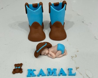 Topper de pastel de bebé Cowboy Fondant / topper de pastel de niño / topper de pastel de niña / topper de pastel de baby shower / estatuilla de bebé / topper de bebé durmiente