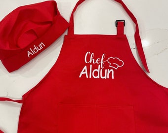 Personalized kids apron set /kids baking apron set/custom kids apron/custom kids gift/cooking kids apron with hat/children custom apron