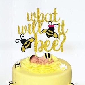 what will it bee cake topper, glitter cake topper, baby shower decor, cake decorating, gender cake, reveal cake, boy or girl, baby topper