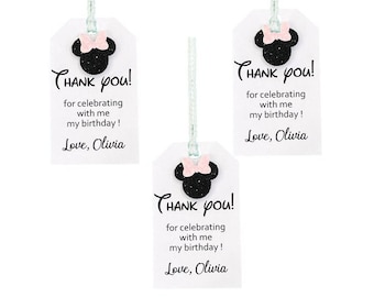 Etiquetas de agradecimiento personalizadas / etiquetas de mouse Minnie / decoración de fiestas infantiles / etiquetas de bolsas de regalo de agradecimiento / etiquetas de cumpleaños / etiquetas de favores de cumpleaños para niños