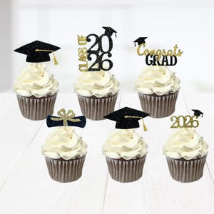 2026 Glitter Grad Cap Cupcake Toppers, Graduation Party Decorations, Food Picks, Class of 2026 Decor