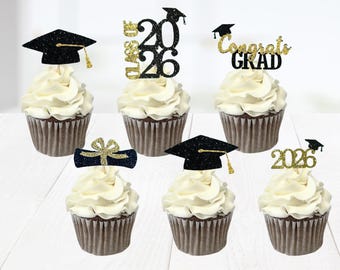 2026 Glitter Grad Cap Cupcake Toppers, Graduation Party Decorations, Food Picks, Class of 2026 Decor