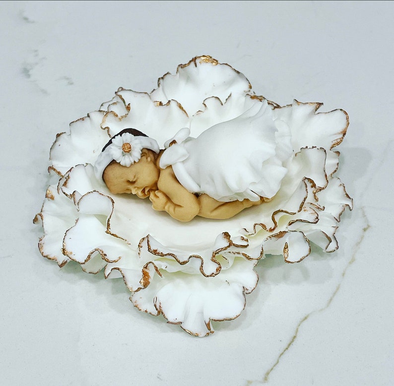 baby shower cake topper/Fondant baby cake topper/cake supplies/baptism cake topper/sugar topper/1st birthday cake/sleeping baby cake/favors white & gold edges