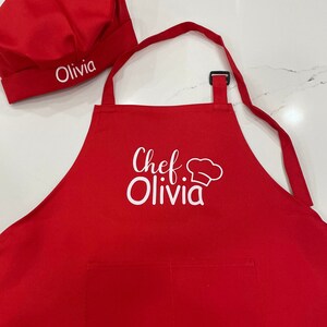 Personalized kids apron set /kids baking apron set/custom kids apron/custom kids gift/cooking kids apron with hat/children custom apron Red 24 inch long