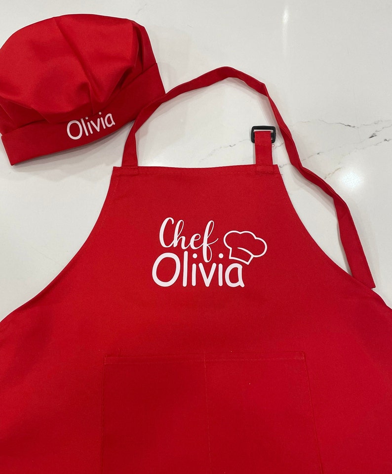 Personalized kids apron set /kids baking apron set/custom kids apron/custom kids gift/cooking kids apron with hat/children custom apron Red 24 inch long