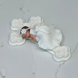 Large cross with fondant baby girl cake topper/baby cake topper/baptism cake topper/baby figurine/cake supplies/fondant sleeping baby