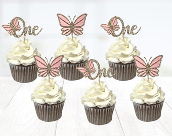 Glitter ONE Cupcake Topper/Butterfly Cupcake Toppers/1er cumpleaños fiesta decoración/niña primer cumpleaños Cupcake Topper/mariposa comida selecciones