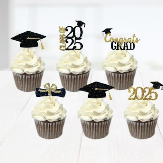 2026 Glitter Grad Cap Cupcake Toppers, Graduation Party Decorations, Food Picks, Class of 2026 Decor