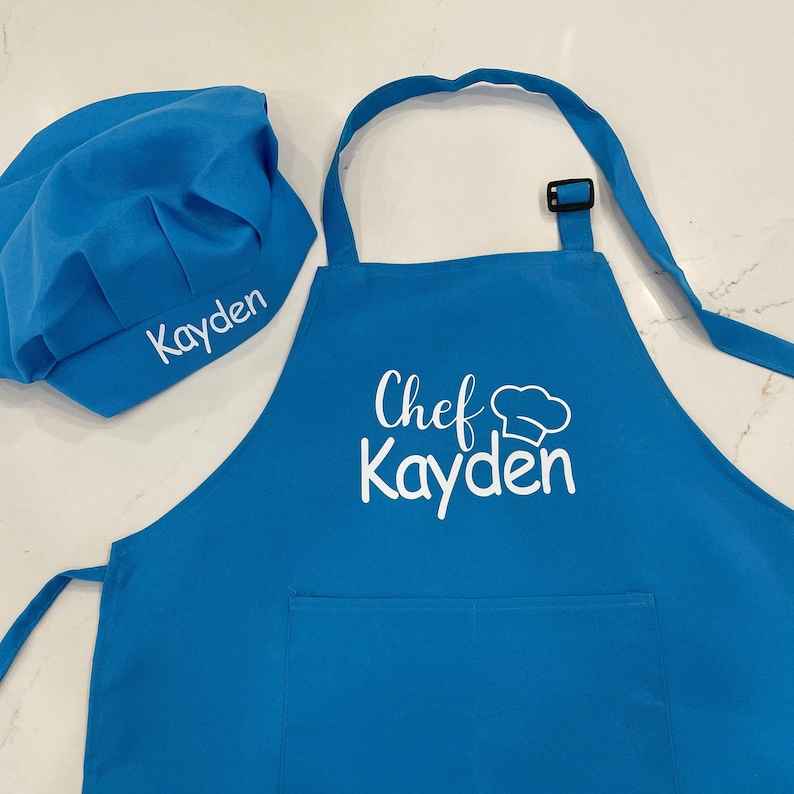 Personalized kids apron set /kids baking apron set/custom kids apron/custom kids gift/cooking kids apron with hat/children custom apron Blue 24 inch long