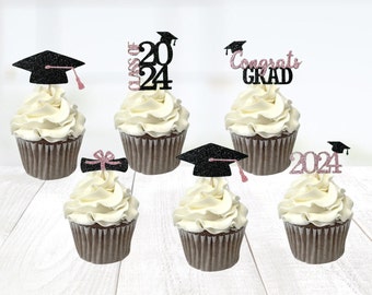 2024 toppers de cupcakes de graduación/2024 toppers de cupcakes de gorra de graduado/2024 decoraciones de fiesta de graduación/selección de comida de graduación/2024 cupcake de graduación