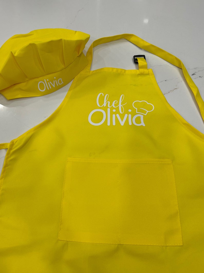 Personalized kids apron set /kids baking apron set/custom kids apron/custom kids gift/cooking kids apron with hat/children custom apron Yellow 24 inch long