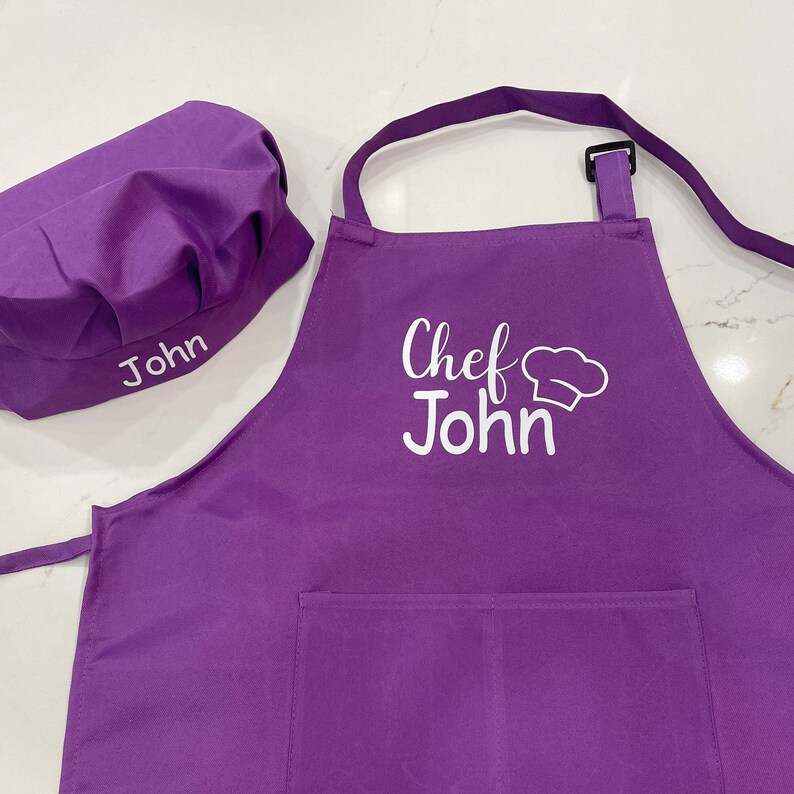 Personalized kids apron set /kids baking apron set/custom kids apron/custom kids gift/cooking kids apron with hat/children custom apron Purple 24 inch long