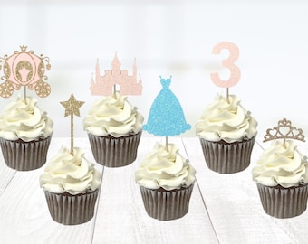 Cinderella Birthday/ princess Cupcake Toppers/ personalized topper/ glitter toppers/ cinderella Cupcake Topper/ party supplies