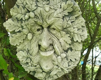 STONE FIGURE, GREENMAN, wall relief woodman, gargoyle, cast stone frost-proof forest goblin