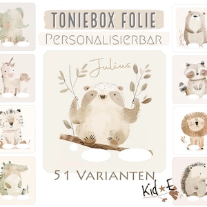 Könnte beinhalten: Ein Set mit 51 personalisierbaren Toniebox-Folienaufklebern mit verschiedenen Tierillustrationen im Aquarell-Stil. Die Aufkleber sind für die Verwendung mit Toniebox-Audioplayern konzipiert. Der Text "Toniebox Folie Personalisierbar" und "51 Varianten Kid*E" ist auf dem Bild sichtbar.