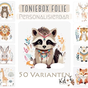 Könnte beinhalten: Ein Set mit 10 bunten Tierillustrationen im Boho-Stil. Die Tiere umfassen einen Bären, einen Löwen, ein Kaninchen, einen Waschbären, ein Reh, einen Tiger, einen Eisbären, einen Fuchs, eine Giraffe und einen Textüberlagerung mit der Aufschrift "Toniebox Folie Personalisierbar 50 Varianten Kid*E".