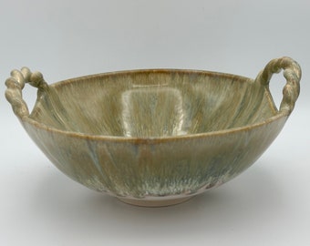 Ceramic Bowl with braided handles | Large Pottery Bowl