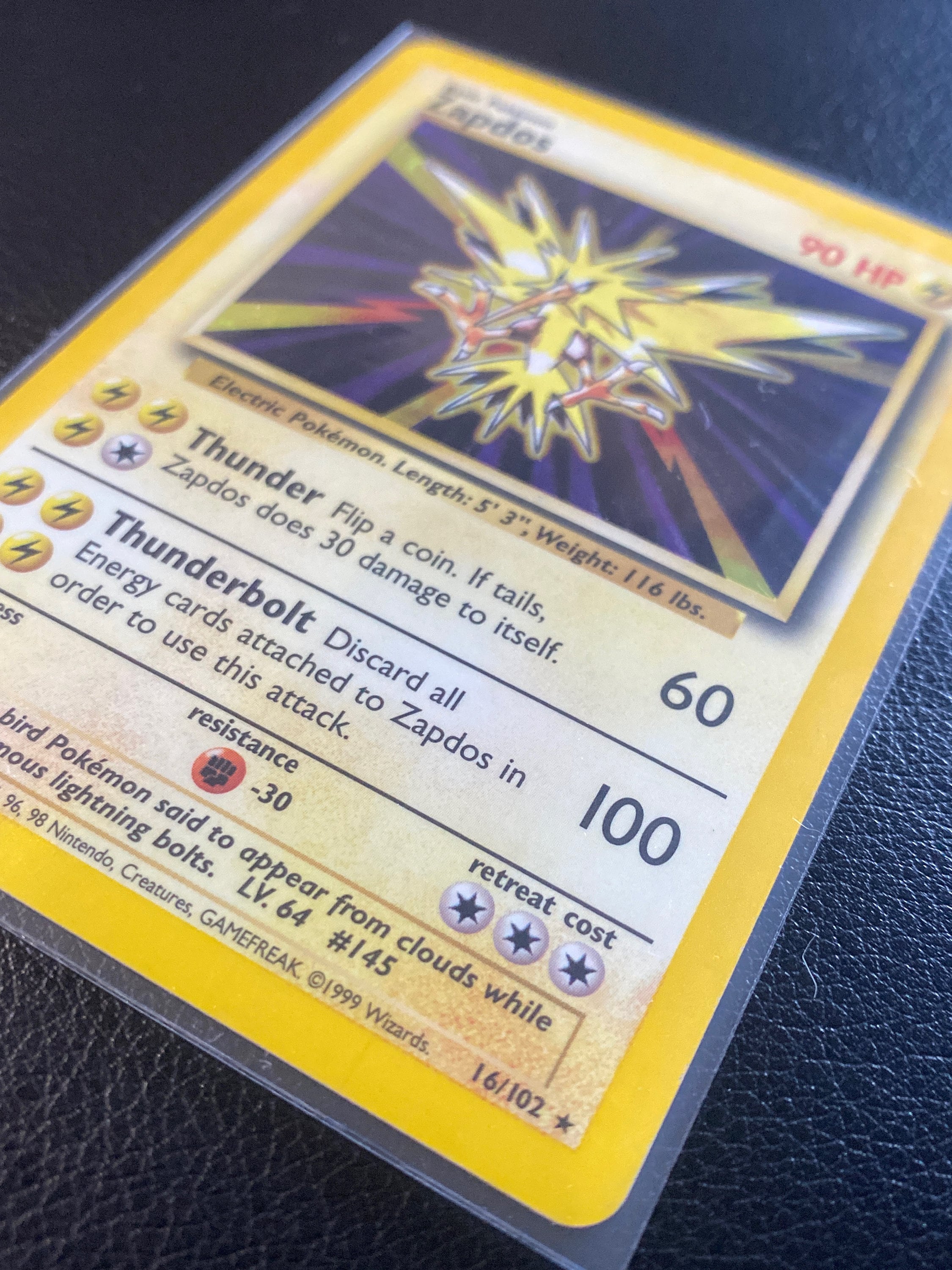 zapdos pokemon card 1st edition - - Base Set 16/102 - Rare Authentic Vintage Holographic Trading flip a coin 1999 POKEMON 1ST EDITION HOLO