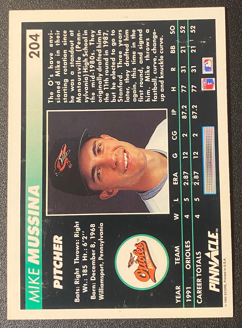 1992 - Authentic Collectible Baseball Trading Card Score - Pinnacle Mike Mussina #204