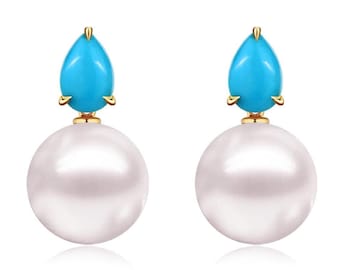 Venus Tear 14K massief gouden natuurlijke Doornroosje Turquoise gekweekte ronde parel oorbellen | Trouwoorbellen | Jubileumcadeau