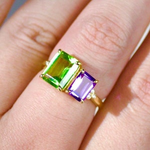 Fortune Olive Green Purple Peridot Amethyst 14K Gold Diamond Toi et Moi Ring｜Holiday Gift Thanksgiving Gift For Her