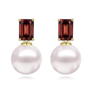 Garnet Pearl Convertible Drop Earrings in 14K Solid Gold, Natural Garnet January Birthstone, Pearl Jewelry Gifted, Wedding Jewelry Women