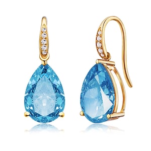 Pendientes elegantes de diamantes y topacio natural en forma de pera / Regalo de oro macizo de 14 quilates / Joyas de topacio azul / Personalización de piedras preciosas / Pendientes con piedra de nacimiento para ella