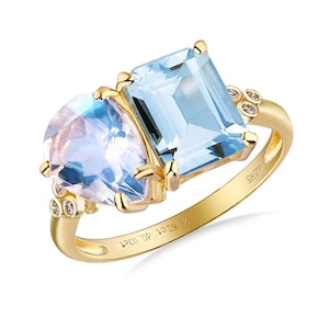 Moonstone and Aquamarine Ring | Diamond Cocktail Ring | Toi Et Moi Ring | Anniversary Gift | Two Stone Ring | Engagement Ring | Promise Ring