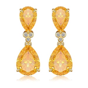 Divina 14K Solid Gold Natural Pear Cut Citrine Drop Earrings | Double Gems Dnagle Earrings | Holiday Jewelry Gift For Her