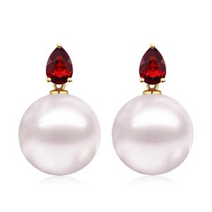 Red Garnet Pearl Earrings | Solid Gold Jewelry | Freshwater Pearl Dangle Earrings | Valentine Gift | Tear Drop Earrings | Anniversary Gift