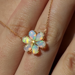 Opal Floral Necklace | Dainty Opal Necklace | Gemstone Layering Necklace | Mother&#39;s Day Gift | Opal Flower Necklace | Anniversary Gift