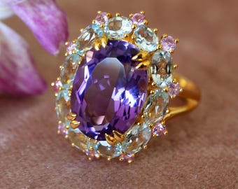 Natural Amethyst Aquamarine Pink Sapphire 14K Solid Gold Cocktail Ring; Mira Purple Gemstone Ring; Multi-Gemstone Cocktail Ring
