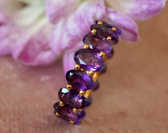 Eternity 14K Solid Gold Natural Oval Amethyst Band | Purple Gemstone Ring Band Gift | Various Metal Colors Sterling Silver