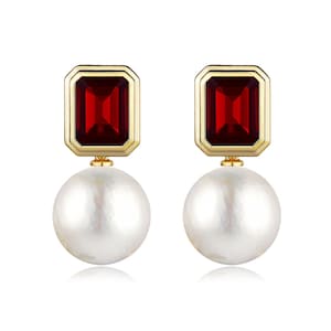 Heritage 14K Gold Garnet Red Gemstone Round Baroque Pearl Convertible Earrings  | January Birthstone | Valentine Gift for Her