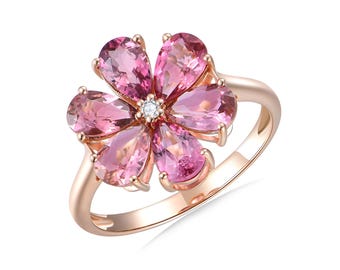 Rosa turmalin diamantring: 14K roséguld Flora Blossom smycken