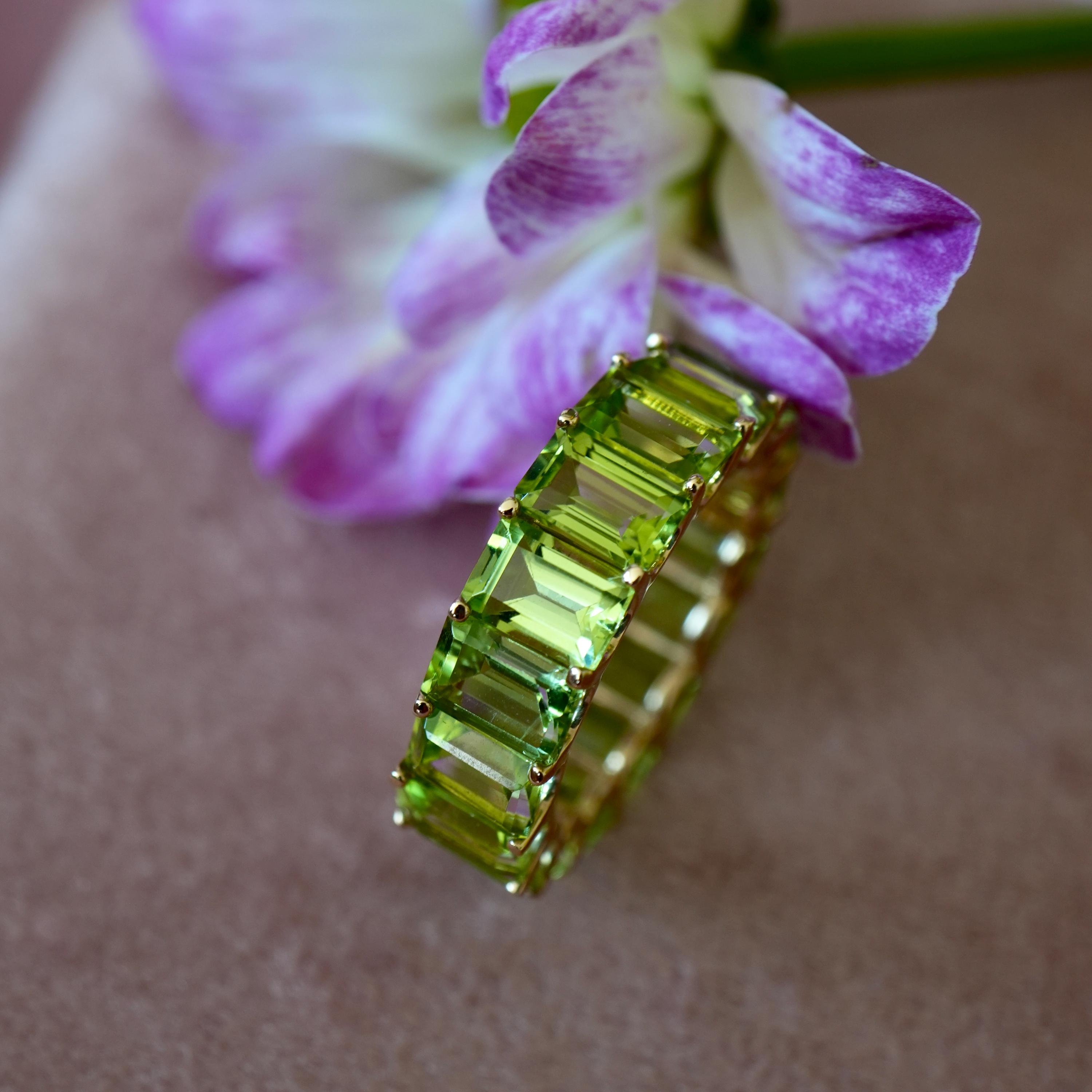 August Birthstone | Eternity 14K Solid Gold Natural Peacock Green Emerald-Cut Peridot Band | Natural Gemstone Ring | Jewelry Gift For Her