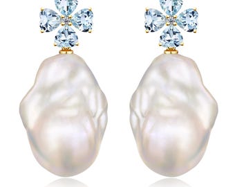 Lucky Clover 14K Solid Gold Diamond Natural Aquamarine Sky Blue Gemstones Baroque Pearl Convertible Drop Earrings