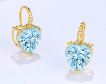 Heart Topaz Diamond Drop Earrings | Solid Gold Jewelry | Blue Topaz Gifted | Birthstone Earrings | Gemstone Jewelry Gift | Dainty Earrings