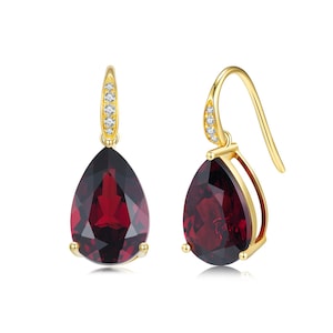 Teardrop 14K Solid Gold Diamond Natural Garnet Red Gemstone Pear Drop Earrings | January Birthstone