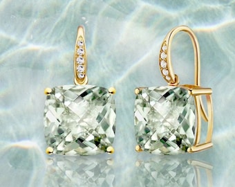 Radiant 14K Solid Gold Natural Green Amethyst Prasiolite Diamond Drop Earrings | Best Seller | Gift For Her | Elegant Styles