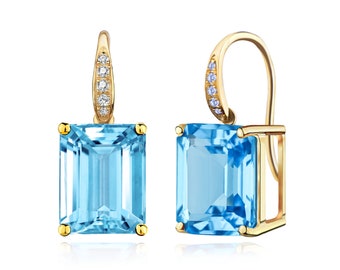 Unique 14K Solid Gold Natural Emerald-Cut Topaz Diamond Swiss Blue Radiant Drop Earrings | Sterling Silver | Gift For Lover, Women, Wife