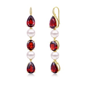 Gemstones Fusion Convertible Design | Natural Garnet Diamond Cultured Pearl Drop Earrings | 14K Yellow Solid Gold | Elegant Jewelry Gift