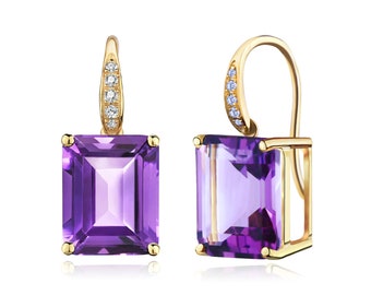 Amethyst Jewelry, Amethyst Gold, Radiant 14K Solid Gold Natural Royal Purple Emerald-Cut Amethyst Diamond Drop Earrings, Birthstone Jewelry
