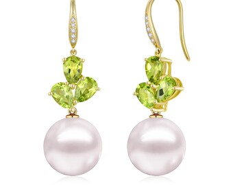 Pendientes colgantes convertibles de oro de 14 quilates con diamantes, peridoto y perlas de agua dulce – Joyería con la piedra natal de agosto