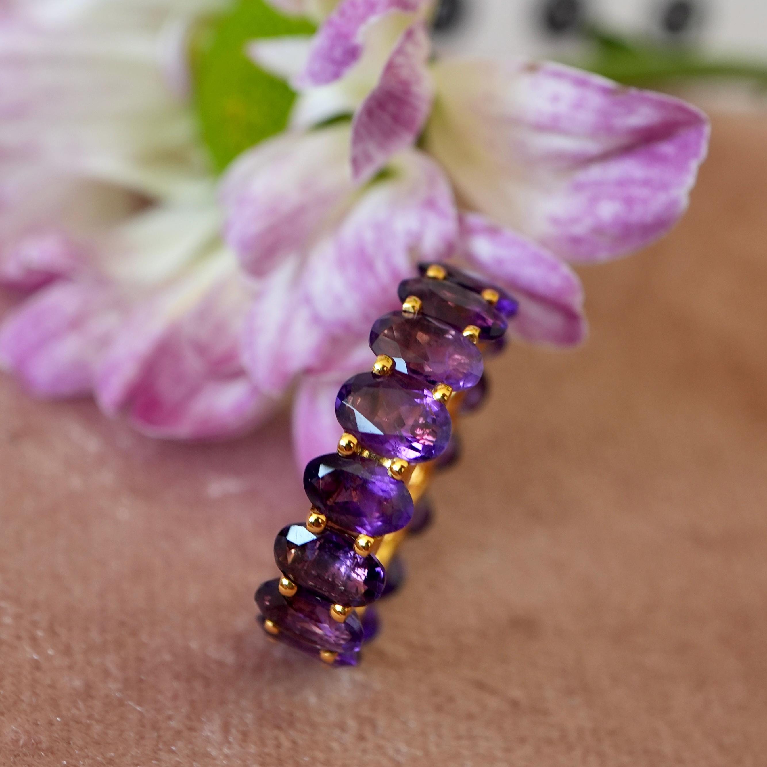 Eternity 14K Solid Gold Natural Oval Amethyst Band | Purple Gemstone Ring Band Gift | Various Metal Colors Sterling Silver